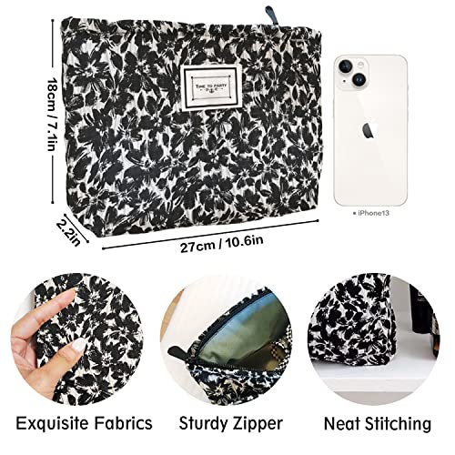 STARDW Aesthetic Floral Makeup Bag Cute Small Cosmetic Bags for Women Girls, Travel Toiletry Bag Large Capacity Zipper Makeup Pouch, Purse Organizer Pouches (Black Flowers) - color: Black Flowers