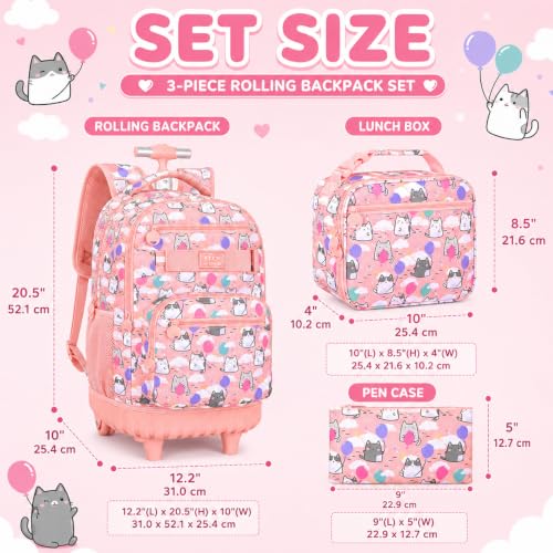 KLFVB Girls Rolling Backpack, 3PCS Womens Roller Bookbag with Lunch Bag for Kids, Wheeled School Bag for Children - Pink Cloud Cat - color: Pink Cloud Cat