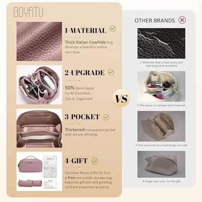 BOYATU Genuine Leather Travel Makeup Bag: Hand-made 3 Pcs Set Cosmetic Bags - color: 05Pink