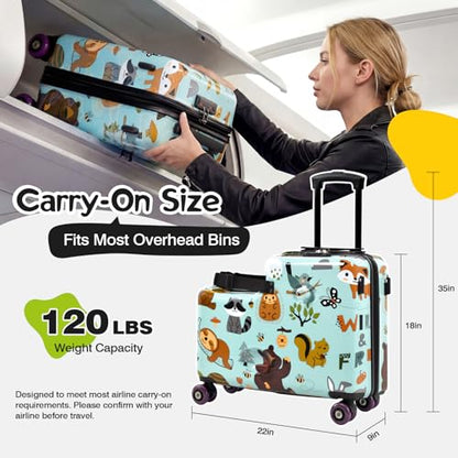 20" Kids Ride On Suitcase, Lightweight Hardshell Travel Luggage with Wheels - color: Green