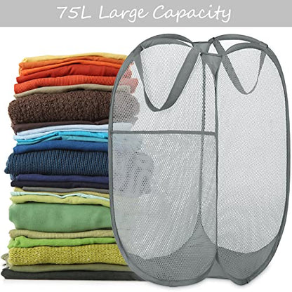 BATTOO Deluxe Strong Mesh Pop up Laundry Hamper Basket with Side Pocket for Laundry Room, Bathroom, Kids Room, College Dorm or Travel 2 x Grey - color: Grey+Grey