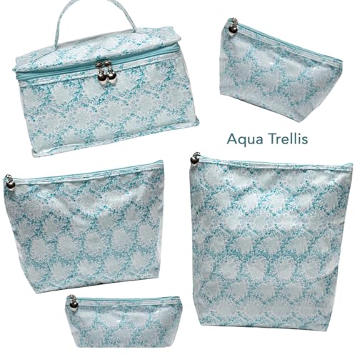 Large Cosmetic Bag - Water-Resistant, PVC-Lined - Aqua Trellis - color: Aqua Trellis, size: Large Cosmetic Bag