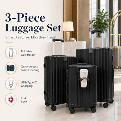 3 Piece Hardside Luggage Set with Spinner Wheels, TSA Lock, Lavender - color: black