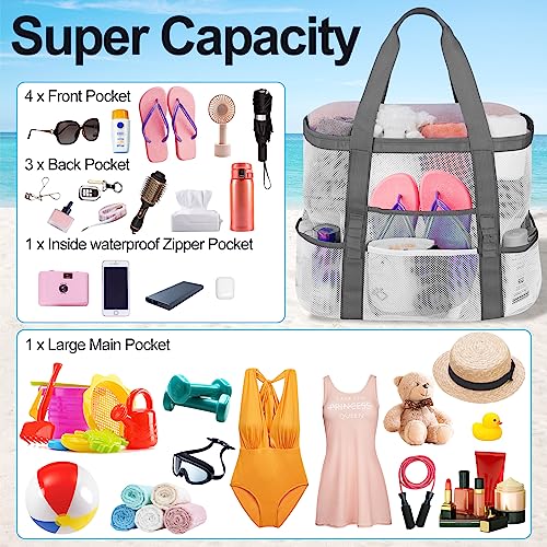 Mesh Beach Bags for Women - Plus Waterproof Sandproof Tote Bag - color: Grey, size: Large
