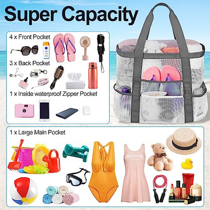 Mesh Beach Bags for Women - Plus Waterproof Sandproof Tote Bag - color: Grey, size: Large