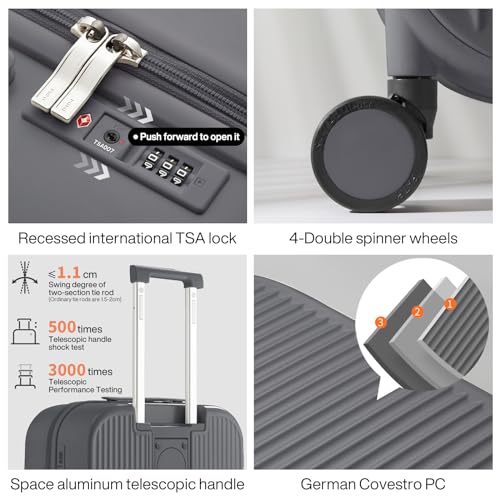 mixi Checked Luggage with Cup Phone Holder Hard Shell Rolling Travel Suitcase with Spinner Wheels,24 Inch Rock Grey - color: Rock Gray, size: 24-inch