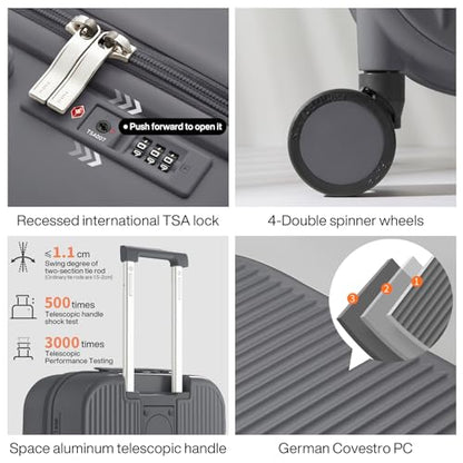 mixi Checked Luggage with Cup Phone Holder Hard Shell Rolling Travel Suitcase with Spinner Wheels,24 Inch Rock Grey - color: Rock Gray, size: 24-inch