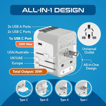 Ceptics Universal Travel Adapter, 3 USB-C + 2 USB-A with Universal Input - color: Smoke White