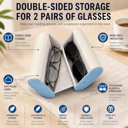 Double Sided Glasses Case Hard Shell,Sunglasses Case & Eyeglass Case with Cleaning Cloth & Storage Pouch - color: Haze Blue-cream White