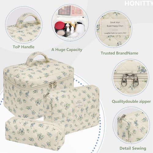 honitty Makeup Bag,Quilted Cosmetic Bags for Women - color: Blue flower