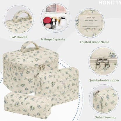 honitty Makeup Bag,Quilted Cosmetic Bags for Women - color: Blue flower