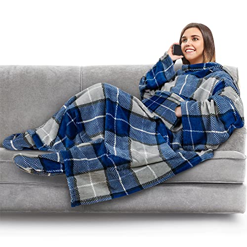 PAVILIA Fleece Blanket with Sleeves, Foot Pockets for Women Men, Plaid Blue - color: Plaid Navy, size: Fleece