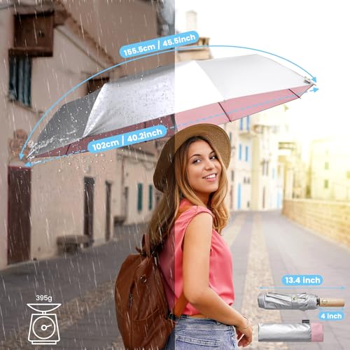 G4Free Windproof Travel Umbrella with Large Wooden Handle 46" Canopy - color: Silver/Pink