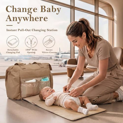 MOMINSIDE Diaper Bag Tote with Changing Station Convertible Diaper Bag Backpack Tote pañaleras para bebe Large Baby Bag, Hospital Bag Mommy Bag Travel Diaper Bag for Mom, 16 Pockets, Light Brown - color: Light Brown