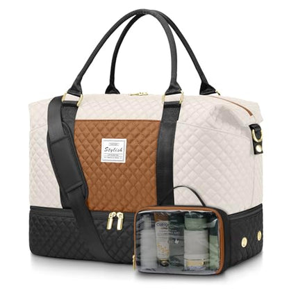 Travel Weekender Duffle Bag for Women: Overnight Bags with Shoe Compartment - color: Black White Brown, size: Large