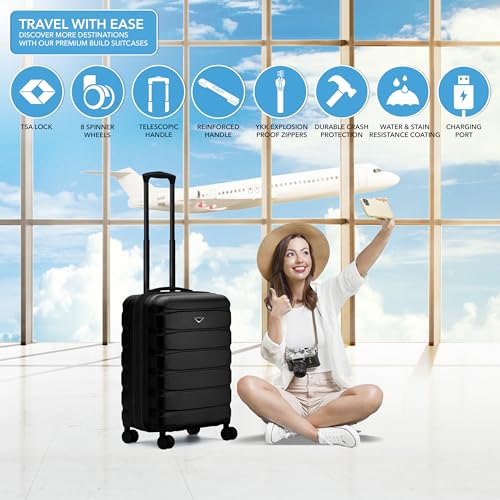 Flight Knight 24x16x10 Expandable Carry On Suitcase Hardside TSA Lock USB C Lightweight Luggage Silent Double Spinner Wheels Maximum Overhead Carry-On Bag For Virgin South West Approved Black - color: Black, size: 24x16x10"