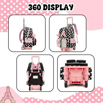 Meetbelify 3 in 1 Backpack with Wheels for Girls Rolling Letter Backpack Cute Carry on Backpacks Kids Luggage with Lunch Box Pencil Case for Elementary Student - color: Black Wave Point