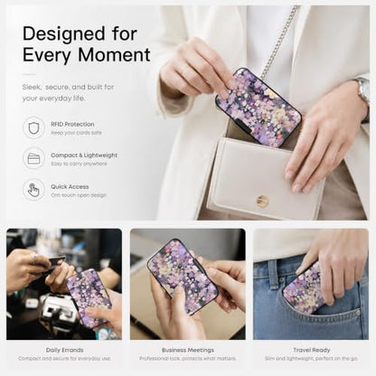 Credit Card Holder RFID Aluminum card case Floral 2 mini Wallet Women Men - color: Purple Floral
