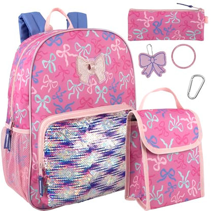 Trail maker 16.5 Inch Girls School Backpack 6 in 1 Set with Lunch Bag, Pencil Case, Keychain, Bracelet, Carabiner Clip Attached (Bows & Sequins) for Travel, Commute - color: Bows & Sequins