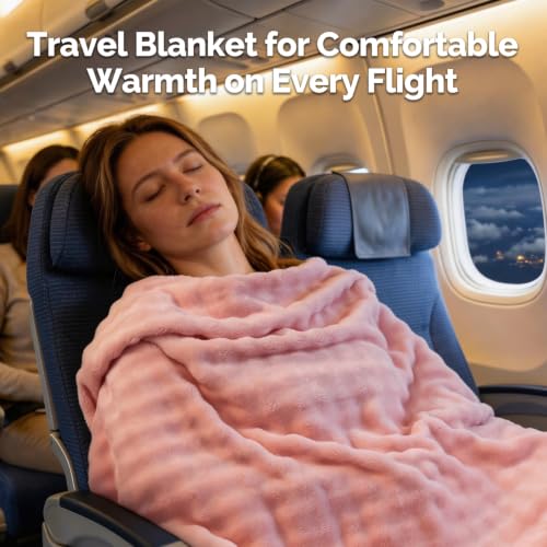 Pink Travel Blanket for Airplane, Portable Soft Flannel with Pouch & Clip - color: Pink