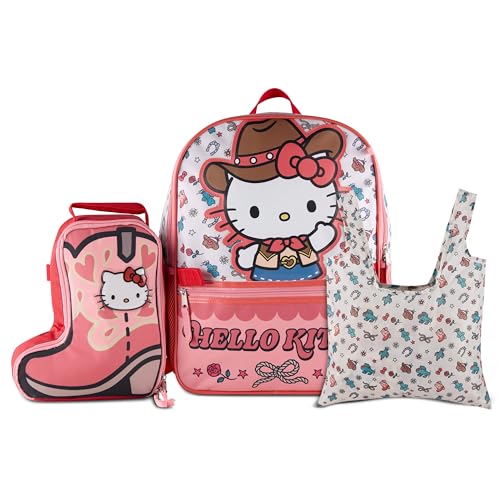 AI ACCESSORY INNOVATIONS Hello Kitty Cowgirl Cute 3 PC Backpack Set for Girls, 16” Book Bag with Diecut Insulated “Boot” Box, & Detachable Reusable Tote Dangle - color: Hello Kitty Cowgirl