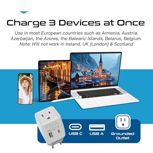 Ceptics Italy, Europe Travel Adapter Plug Set - 2 Pack - with 2 USB + USA Socket Input - Type L and Type C - Ultra Compact - Safe Grounded Perfect for Cell Phones, Laptops, Camera Chargers