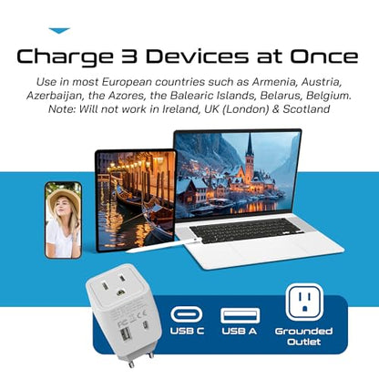 Ceptics Italy, Europe Travel Adapter Plug Set - 2 Pack - with 2 USB + USA Socket Input - Type L and Type C - Ultra Compact - Safe Grounded Perfect for Cell Phones, Laptops, Camera Chargers