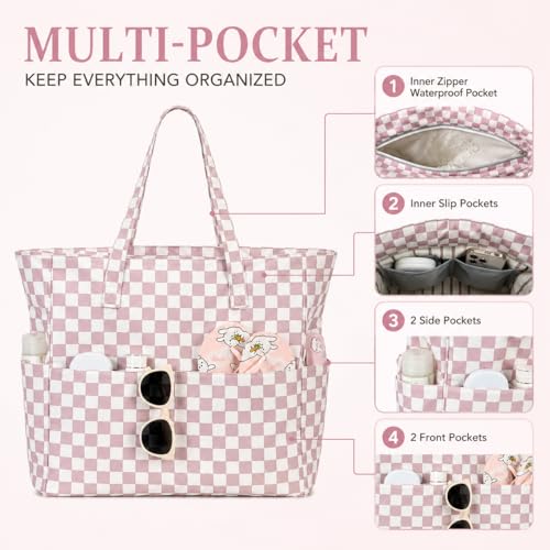 LEDAOU Large Beach Bag for Women, Waterproof Sandproof Tote Bag with Zipper - color: Lavender
