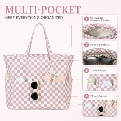 LEDAOU Large Beach Bag for Women, Waterproof Sandproof Tote Bag with Zipper - color: Lavender