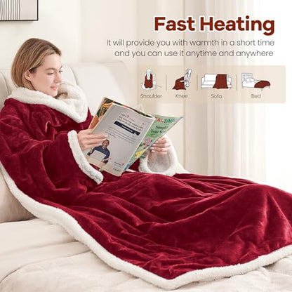MAXEVE Heated Wearable Blanket with Foot Pocket & Sleeves Electric Snuggle - color: Wine, size: Long