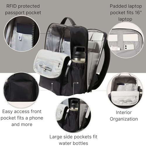 Baggallini Tribeca 확장 가능한 여행용 노트북 백팩, 방수 나일론 작업 가방, 정리함, 패딩 슬리브 및 RFID 기술 포함, 블랙 트윌, 원사이즈 - color: 블랙 트윌
