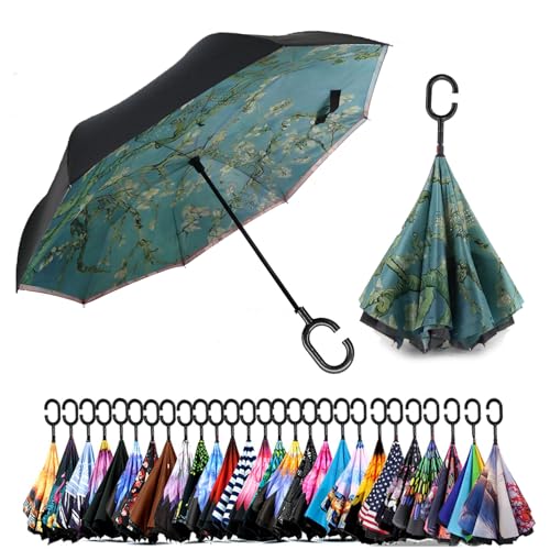 SIEPASA 49/56 Inch Inverted Reverse Upside Down Umbrella, Extra Large Double Canopy Vented Windproof Waterproof Stick Golf Umbrellas with C-shape Handle. - color: Almond Blossom, size: 49 Inch