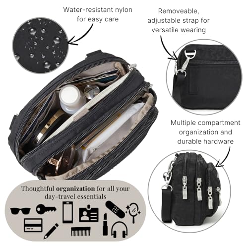 Baggallini Triple Zip Small Crossbody Bag for Women - Lightweight Convertible Fanny Pack Belt Bag - color: Black Cheetah, style: Slim Strap
