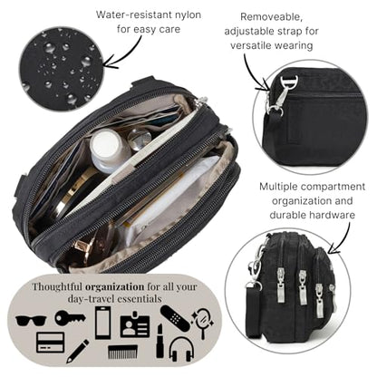 Baggallini Triple Zip Small Crossbody Bag for Women - Lightweight Convertible Fanny Pack Belt Bag - color: Black Cheetah, style: Slim Strap