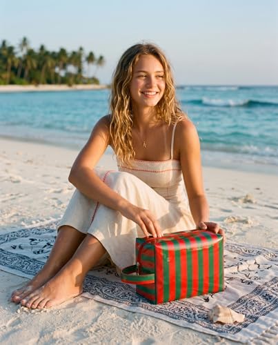 LETGO Preppy Pink Green Stripe Sunscreen Bag Clear Makeup Toiletry Pouch Beach Vacation Essentials for Women Teen Girls Trip Gifts Summer Pool Travel Must Have Accessories(Stripe-Pink Green) - color: Stripe-Pink Green