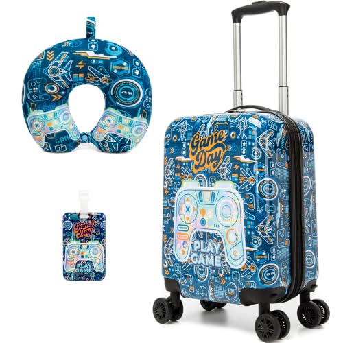 Kids Luggage Set Carry On Suitcase with U shaped Pillow Rolling Toddler Suitcase for Boys Travel Set Hardside Luggage with Spinner Wheels Airline Approved, Game Controller Pattern - color: 1 Game Controller