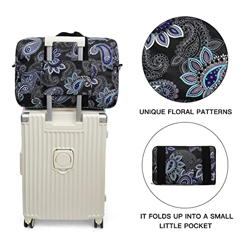 Foldable Travel Duffel Bag, Medium Women's Weekender and Overnight bag carry on Luggage bag for Women - color: Black Paisley
