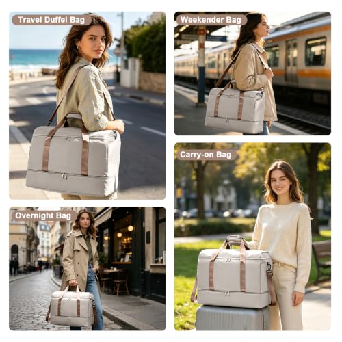 Travel Duffle Bag with Shoe Compartment, Overnight Weekender Bags for Women - color: Beige & Brown