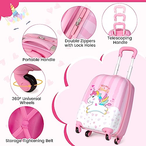 GYMAX Kids Carry On Luggage Set, 12" & 16" 2PCS Rolling Suitcase - color: Happy Pony