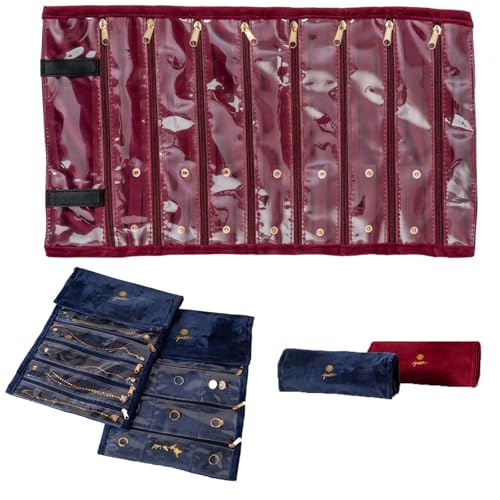 Travel Jewelry Roll Case-Portable Organizers and Storage Soft Velvet Travel Case with Zippered, Compact Storage for Earrings, Rings, Necklaces, Studs for Women (Red, 18 Pockets) - color: Red
