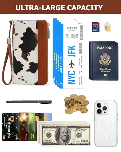 Large Wallet for Women, Clutch Wallet with Passport Holder - color: Brown Cow