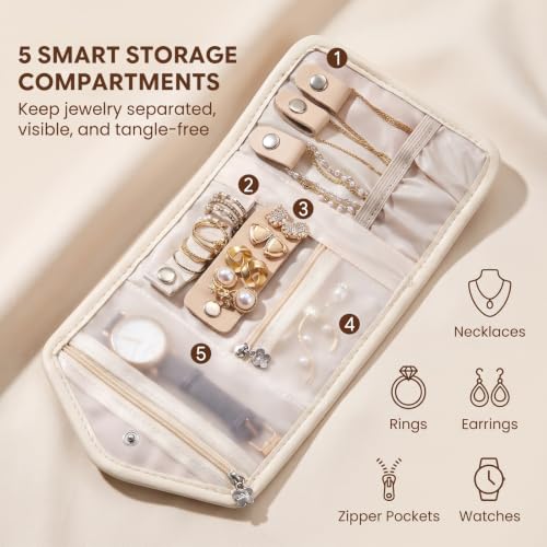 Travel Jewelry Organizer Roll, Foldable Pouch for Earring, Necklace, Ring - color: Beige