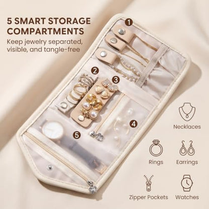 Travel Jewelry Organizer Roll, Foldable Pouch for Earring, Necklace, Ring - color: Beige
