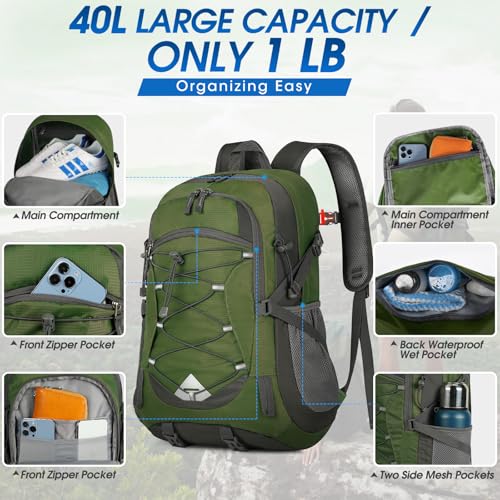 IGOLUMON Hiking Backpack 40L Packable Lightweight Camping Daypack Men Women - color: Army Green