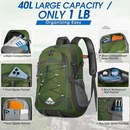 IGOLUMON Hiking Backpack 40L Packable Lightweight Camping Daypack Men Women - color: Army Green