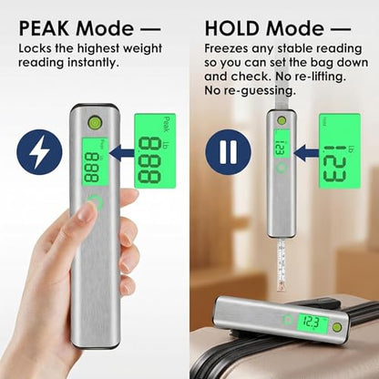 Digital Luggage Scale 110lb/50kg with 3FT Tape Measure, 4 Units, Peak & Hold Mode, Bubble Level, Portable Handheld Suitcase Weight Scale for Travel Essentials