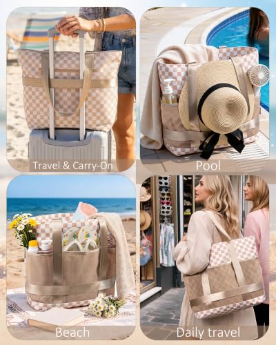 Large Beach Tote Pool Swim Bag for Women Sandproof with Wet Compartment - color: Green Plaid