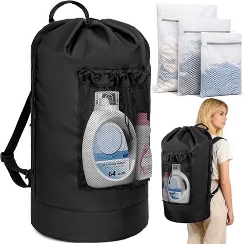 150L Laundry Bag Backpack with 3 Sizes Mesh Wash Bags and Shoulder Straps - color: Black, size: 150L