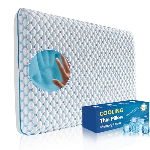 Stomach Sleeping Pillow for Stomach & Back Sleepers,Cooling Gel Thin Memory Foam Pillows for Back Shoulder Neck Pain Relief - Low Profile Ultra Flat Soft Pillow 2.26-Inches - size: Standard