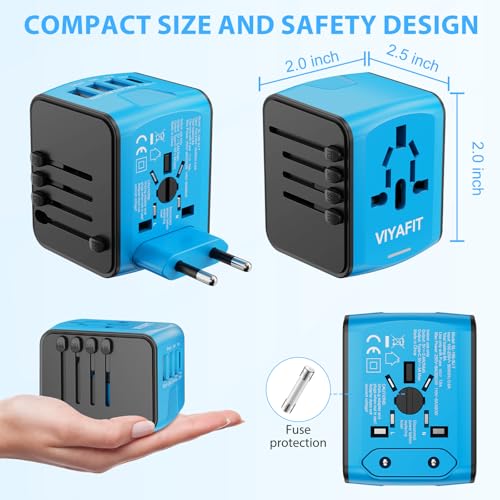 Universal International Travel Power Adapter, All in One Wall Charger with High Speed 2.4A 3xUSB, 3.0A Type-C, European Adapter, Worldwide AC Outlet Plugs for UK, CA, EU, AU, Asia (Blue)
